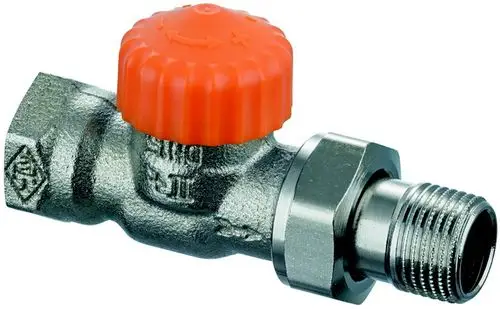Thermostatventilunterteil aus vernickeltem Messing mit orangefarbenem Drehknopf von IMI Hydronic Engineering, geeignet für Heizungsanlagen.